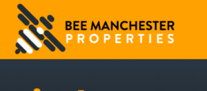 Bee Manchester Properties logo on an orange banner with a stylized black bee icon and bold text. Includes the words 'BEE MANCHESTER PROPERTIES'.