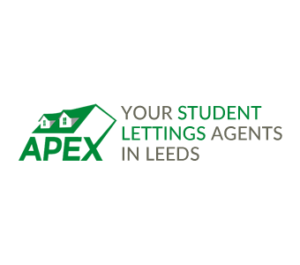 APEX logo with a green house-roof icon and the phrase 'Your Student Lettings Agents in Leeds' (APEX in green).