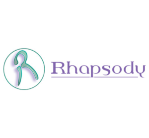 Rhapsody logo: abstract teal figure inside a circle on the left, with the word 'Rhapsody' in purple and a decorative underline to the right.