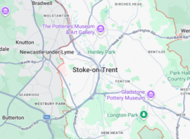 Map of Stoke-on-Trent showing city center, parks (Hanley Park, Longton Park), and major museums.