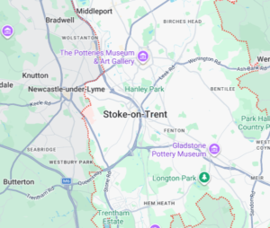 Map of Stoke-on-Trent showing city center, parks (Hanley Park, Longton Park), and major museums.