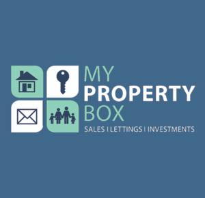Logo for My Property Box on blue background: four rounded squares with a house, key, envelope, and family icons beside the text 'MY PROPERTY BOX' and 'SALES | LETTINGS | INVESTMENTS'.