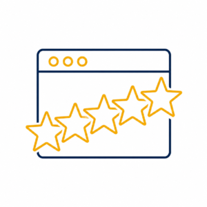 Five orange stars forming a rating overlaying a browser window, indicating a 5‑star rating in a web interface.