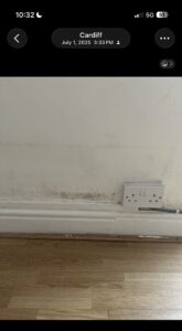 White wall with dirt marks along the baseboard and a white double electrical outlet near the floor on the right side.