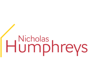Company logo for Nicholas Humphreys featuring a red wordmark with a yellow house-outline to the left