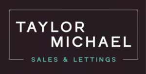 Taylor Michael logo: white bordered rectangle on a dark background, with 'TAYLOR MICHAEL' and teal 'SALES & LETTINGS' text