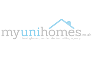 Logo for MyUniHomes.co.uk showing a blue roof icon above the word 'uni' in blue, representing a Birmingham student letting agency.